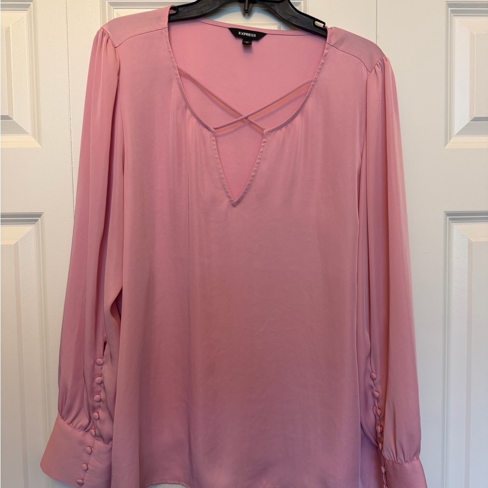 Express Pink Crisscross V-Neck Long Sleeve Blouse